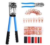 HKS Herramienta de crimpado de terminales de cable de batería 10-1 AWG con cortador, 60 terminales de anillo de cobre y 60 tubos termorretráctiles 3:1, juego de crimpadora de alambre resistente para