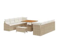 hliofuir Sofá de jardín de 11 piezas, polirratán, color beige y crema | Diseño modular de poliratán y madera de acacia con espacio de almacenamiento integrado para patios, patios y jardines grandes