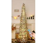 HMASYO Árbol de Navidad de oropel desplegable de 6 pies/1,8 m con 100 luces de temporizador y control remoto, árbol de lápiz artificial plegable, decoración de Navidad para el hogar, oficina, fiesta