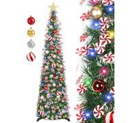 HMASYO Árbol de Navidad desplegable de 5 pies con luces de temporizador y decoraciones, árbol de Navidad de oropel verde con dulces y 24 bolas, decoración de Navidad plegable para el hogar, oficina,
