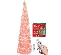 HMASYO Árbol de Navidad desplegable de 6 pies con 100 luces LED de temporizador y control remoto, árbol de oropel de Navidad rosa, árbol artificial plegable para decoración del hogar, oficina, fiesta