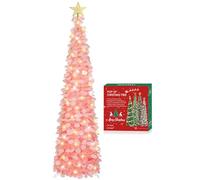 HMASYO - Árbol rosa de Navidad artificial plegable de 1,5 m, con 50 luces LED blanco cálido, nieve y lentejuelas redondas, decoración de Navidad para el hogar, apartamento, chimenea y para fiesta