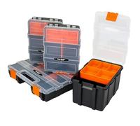HMF Caja clasificadora vacía de 4 piezas para herramientas y piezas pequeñas, 49 compartimentos, tapa transparente, color negro y naranja