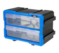 HMF Caja organizadora para piezas pequeñas con 2 cajones, caja de clasificación ampliable para tornillos y herramientas | 4 compartimentos | 29,5 x 19,5 x 16 cm | azul-negro