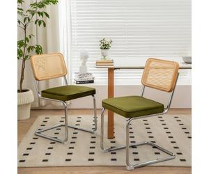 Hmluxury Juego de 2 sillas de acento de terciopelo de ratán, diseño moderno de mid-century breuer con patas cromadas, para cocina, sala de estar, sillas acolchadas