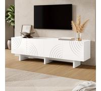 Hmluxury Mueble de TV bajo blanco con 4 puertas, diseño geométrico de arco, frentes en relieve, espacio de almacenamiento para sala de estar