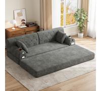 Hmluxury Sofá cama de 3 plazas de pana con respaldo alto y marco de metal, espuma de alta densidad, 4 bolsillos y 2 soportes para bebidas, para salón y espacios pequeños, gris oscuro