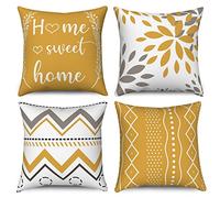 Hnmdmyi Funda de Cojín Amarillo 45x45, Juego de 4 Flores Boho Geométrico Decorativas Moderna Granja de Lino para Sofá Cama Jardín Exterior Home Sweet Home