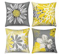 Hnmdmyi Funda de Cojín Amarillo 50x50 Juego de 4, Amarillo y Gris Floral Fundas de Cojín Decorativo Moderno Daisy Farmhouse Boho Funda de Cojín de Lino para Sofá Cama Jardín Exterior Home Decor