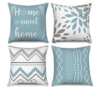 Hnmdmyi Funda de Cojín Azul Claro 40x40 Juego de 4, Home Sweet Home Flores Boho Geométrico Fundas de Cojín Decorativas Moderna Granja Funda de Cojín de Lino para Sofá Cama Jardín Exterior Home Decor