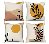 Hnmdmyi Funda de cojín Boho 40x40 Juego de 4, Hoja Abstracta Planta Sol Montaña Fundas de Cojín Decorativas Minimalista Geométrica Estética Moderna Funda de Cojín de Lino para Decoración del Hogar