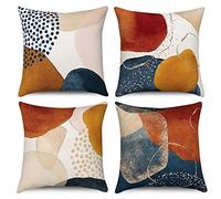 Hnmdmyi Funda de Cojín Boho 40x40 Juego de 4, Mid Century Abstracto Estético Azul Marino Naranja Quemado Fundas de Cojín Geométrico Minimalista Arte Moderno Funda de Cojín de Lino para Sofá