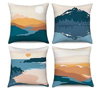 Hnmdmyi Funda de Cojín Boho 45x45 Juego de 4, Montaña Abstracta Puesta de Sol Amanecer Fundas de Almohada Decorativas Mid Century Modern Naturaleza Paisaje Arte Funda de Almohada de Lino para Sofá