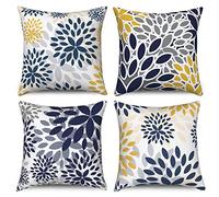 Hnmdmyi Funda de Cojín Flores 40x40 Juego de 4, Azul Marino Amarillo y Gris Flor Granja Moderna Fundas de Cojín Decorativas Funda de Cojín de Lino para Sofá Cama Jardín Exterior Decoración del Hogar
