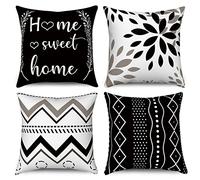 Hnmdmyi Funda de Cojín Negro 45x45 Juego de 4, Home Sweet Home Flores Boho Geométrico Fundas de Cojín Decorativas Moderna Granja Funda de Cojín de Lino para Sofá Cama Jardín Exterior Home Decor
