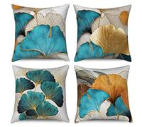 Hnmdmyi Funda de cojín Turquesa 40x40 Juego de 4, Verde Azulado y Dorado Flor Hoja Planta Granja Decorativo Fundas de cojín de Lino para Sofá Cama Jardín Exterior Decoración del Hogar