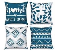 Hnmdmyi Fundas de Cojín Azul y Blanco 50x50 Juego de 4, Boho Fundas de Cojín Sweet Home Farmhouse Moderna Geométrica Neutra Decorativa Funda de Cojín de Lino para Sofá Cama Jardín Exterior Home Decor