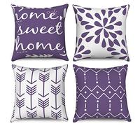 Hnmdmyi Fundas de cojín púrpura y Blanco 40x40 Juego de 4, Boho Fundas de Almohada Home Sweet Home Moderno patrón geométrico Neutro Funda de Almohada de Lino Decorativo para sofá Decoración del hogar