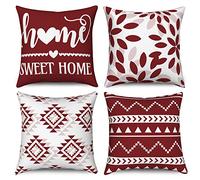 Hnmdmyi Fundas de Cojín Rojo y Blanco 45x45 Juego de 4, Boho Fundas de Cojín Sweet Home Farmhouse Moderna Geométrica Neutra Decorativa Funda de Cojín de Lino para Sofá Cama Jardín Exterior Home Decor