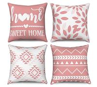 Hnmdmyi Fundas de Cojín Rosa y Blanco 45x45 Juego de 4, Boho Fundas de Cojín Sweet Home Farmhouse Moderna Geométrica Neutra Decorativa Funda de Cojín de Lino para Sofá Cama Jardín Exterior Home Decor