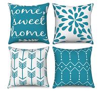 Hnmdmyi Fundas de Cojín Turquesa y Blanco 40x40 Juego de 4, Boho Fundas de Cojín Home Sweet Home Moderno Patrón Geométrico Neutro Decorativo Funda de Cojín de Lino para Sofá Cama Decoración del Hogar