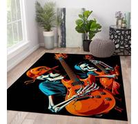 HOBBOY 180x210cm Alfombras para salón Lavable Esqueleto alfombras Grandes para Comedor Dormitorio Guitarrista y batería Naranja neón Alfombra de Pelo bajo Musical