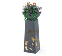 Hoberg Jardinera de Pedestal LED Diseño de Hojas de Ginkgo con Aspecto de hormigón | Jardinera extraíble (Ø 34cm) Apta para Interior y Exterior | Iluminación integrada, inalámbrica [23 x 23 x 70 cm]