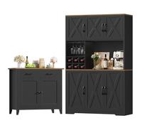 HOCSOK Juego de Alacena de Cocina y Aparador Buffet en Color Negro | Armario Cocina con Botellero, Soporte para Copas y 2 Cajones, Mueble Alto para Comedor y Salón, Negro