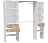 HOGARDECORA Vestidor Ropero Abierto con 3 cajones, 6 estantes y 2 Barras de Colgar - Acabado Blanco y Madera Natural Vertical veteada Mueble: 187 cm (alto) x 190 cm (ancho) x 40 cm (fondo),Capacidad 2