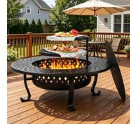 Hoguera de 48 pulgadas con 2 parrillas, hoguera de leña para exteriores con tapa y atizador de fuego para patio, patio, hoguera, picnic, camping