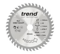 Hoja de sierra circular inalámbrica para madera Trend, 168 mm de diámetro, orificio de 20 mm, 42 dientes, corte de 1,8 mm, gancho de +10°, TCT, acabado fino, CSB/16842T