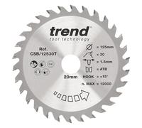 Hoja de sierra circular inalámbrica Trend Wood, 125 mm de diámetro, orificio de 20 mm, 30 dientes, corte de 1,5 mm, gancho de +15°, TCT, acabado medio, CSB/12530T