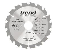 Hoja de sierra circular inalámbrica Trend Wood, 160 mm de diámetro, orificio de 20 mm, 18 dientes, corte de 1,8 mm, gancho de +20°, TCT, acabado grueso, CSB/16018T