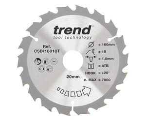 Hoja de sierra circular inalámbrica Trend Wood, 160 mm de diámetro, orificio de 20 mm, 18 dientes, corte de 1,8 mm, gancho de +20°, TCT, acabado grueso, CSB/16018T