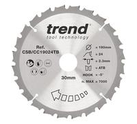 Hoja de sierra ingletadora inalámbrica Trend Wood, 190 mm de diámetro, orificio de 30 mm, 24 dientes, corte de 2,3 mm, gancho de -5°, TCT, acabado medio, CSB/CC19024TB
