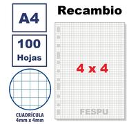 hojas de recambio archivador,100 hojas,Formato A4 ,cuadricula 4mmX4mm,con taladros,material escolar,fespu shop