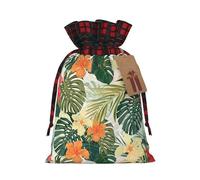 Hojas de vegetación con estampado de flores de hibisco, bonito color a juego, bolsa de Navidad con diseño de cordón para fiesta de Navidad, embalaje de regalo