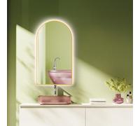 HOKO® Espejo de baño arqueado LED 50x90/90x50cm con marco de metal dorado, montaje vertical y horizontal. con interruptor táctil+cambio de luz de 2700-6500K, blanco caliente-Froid-neutro