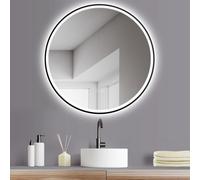 HOKO® Espejo de baño redondo de 80 cm con marco de metal negro mate, espejo de pared redondo con iluminación LED + interruptor táctil + cambio de luz LED