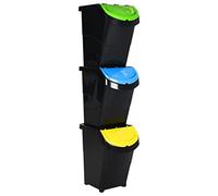 Holepyr Cubo de basura con tapa, apilable, 3 unidades, color negro, polipropileno, 120 L, para hogar, oficina, jardín, camping, con práctica tapa para separar los residuos y fácil limpieza