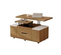 Homary Mesa Elevable 3 en 1 con 4 Taburetes, Mesa de Centro con Mecanismo Hidráulico y Cajón y Compartimento Oculto, Extensible con Ruedas Bloqueables Convertible en Comedor, 100 X 51 cm, Natural