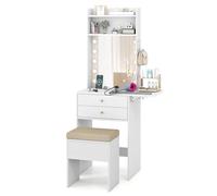 HOMASI Tocador de Maquillaje Grande con Luces LED Regulables y enchufes, Tocador con Espacio de Almacenamiento, Taburete, Estación de Carga, Panel Plegable y 2 Cajones, Blanco, 72 x 39 x 151 cm