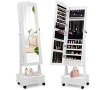 HOMASIS 2 en 1 Joyero con Espejo de Cuerpo Entero y LEDs, Joyero Móvil 360° con 3 Cajones y 4 Estantes de Madera, Armario con Espejo y Cerradura con Cadena y Anilla, Blanco/Marrón (Blanco)