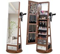 HOMASIS Armario para joyas con LED, Armario con espejo giratorio, cerradura, estantes y cajones, joyero con soporte para secador de pelo, organizador de joyas de madera, 56x56x164cm (Marrón)