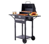 HOMAVO Barbacoa carbón con tapa, Parrilla 2 en 1 de pie y mesa, Compacta para balcón y jardín, Termómetro, Zona mantener caliente, Fácil de mover y limpiar