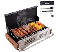 HOMAVO Barbacoa portátil carbón con kit de utensilios, parrilla plegable para camping y balcón, montaje rápido sin herramientas, doble altura, ideal 1-4 personas