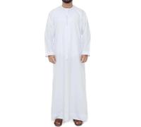 Hombre Túbán emiratí, Kandurá musulmán blanco de cuello redondo, Dishdásha árabe tradicional de manga larga, Ropa étnica Oriente Medio confeccionada mano para el Ramadán, Vestimenta islámica con puños