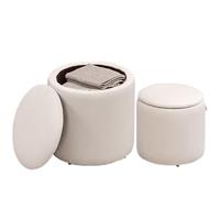 HOMCOM 2 otomanas Redondas almacén, Taburete vanidad, Blanco Crema | para maquillaje, reposapiés con tapa extraíble, salón y dormitorio