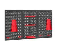 HOMCOM 3 Paneles de Herramientas de Pared, 28 Piezas, cada panel 60x40 cm, Organizador de Herramientas de Pared con Ganchos y Estantes, para Garajes y Bricolaje, Negro y Rojo