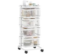 HOMCOM 4 cestas giratorias Estante de Alambre sobre Ruedas Blanco | Carrito de cocina, cesta de frutas y verduras con bandeja superior, para cocina, salón y dormitorio
